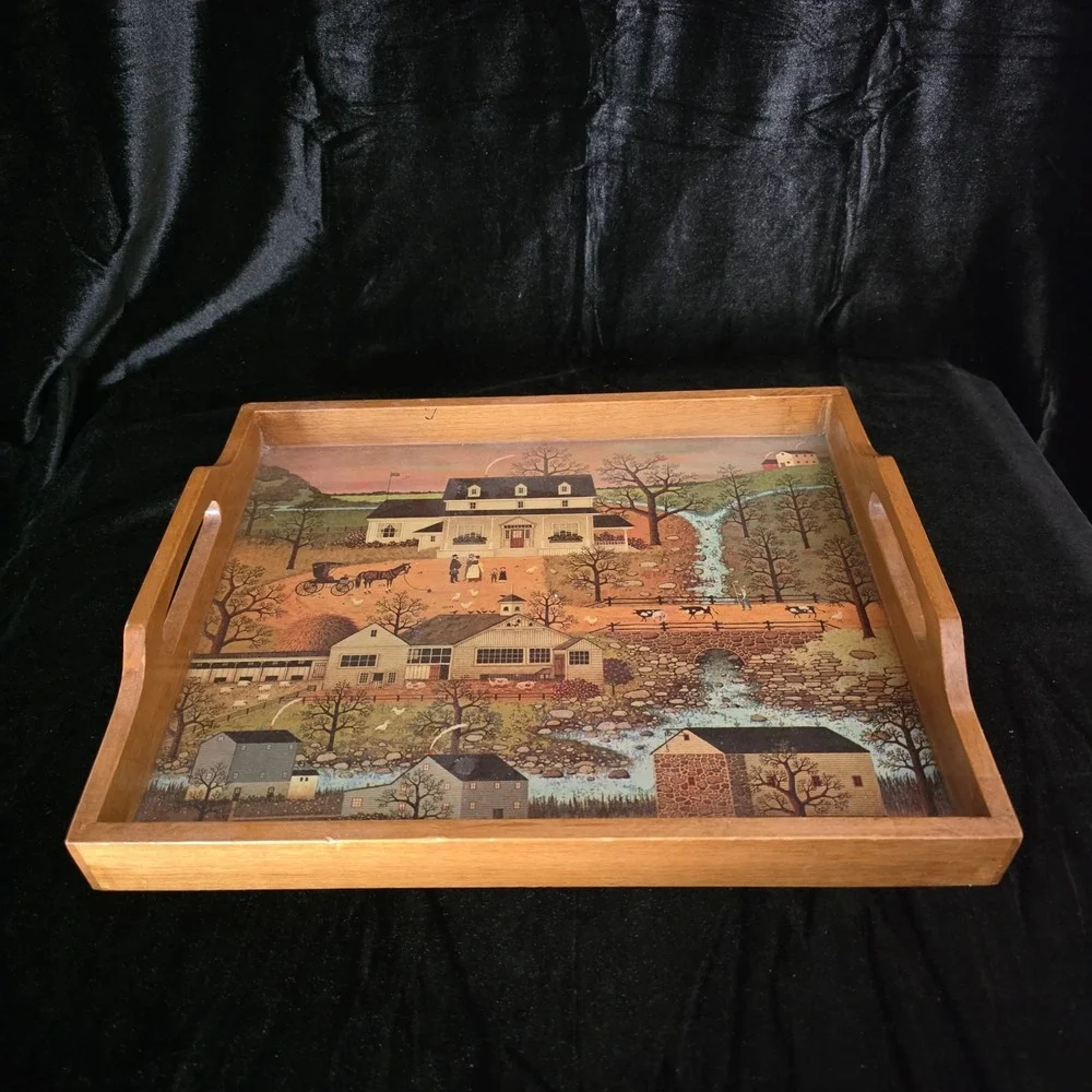 VTG Charles Wysocki Wood Tray Americana  Scene 